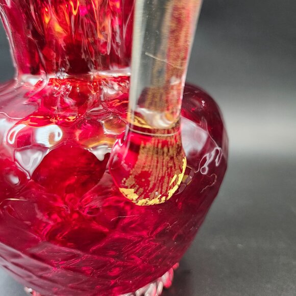 Vintage Art Glass Red Quilted Jug Ewer Applied Handle - Picture 6 of 16